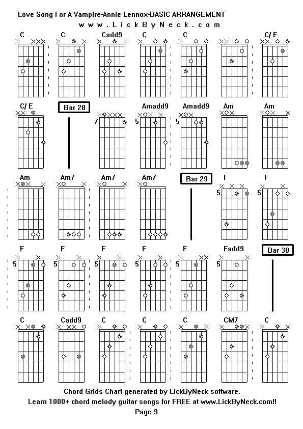 Chord Grids Chart of chord melody fingerstyle guitar song-Love Song For A Vampire-Annie Lennox-BASIC ARRANGEMENT,generated by LickByNeck software.